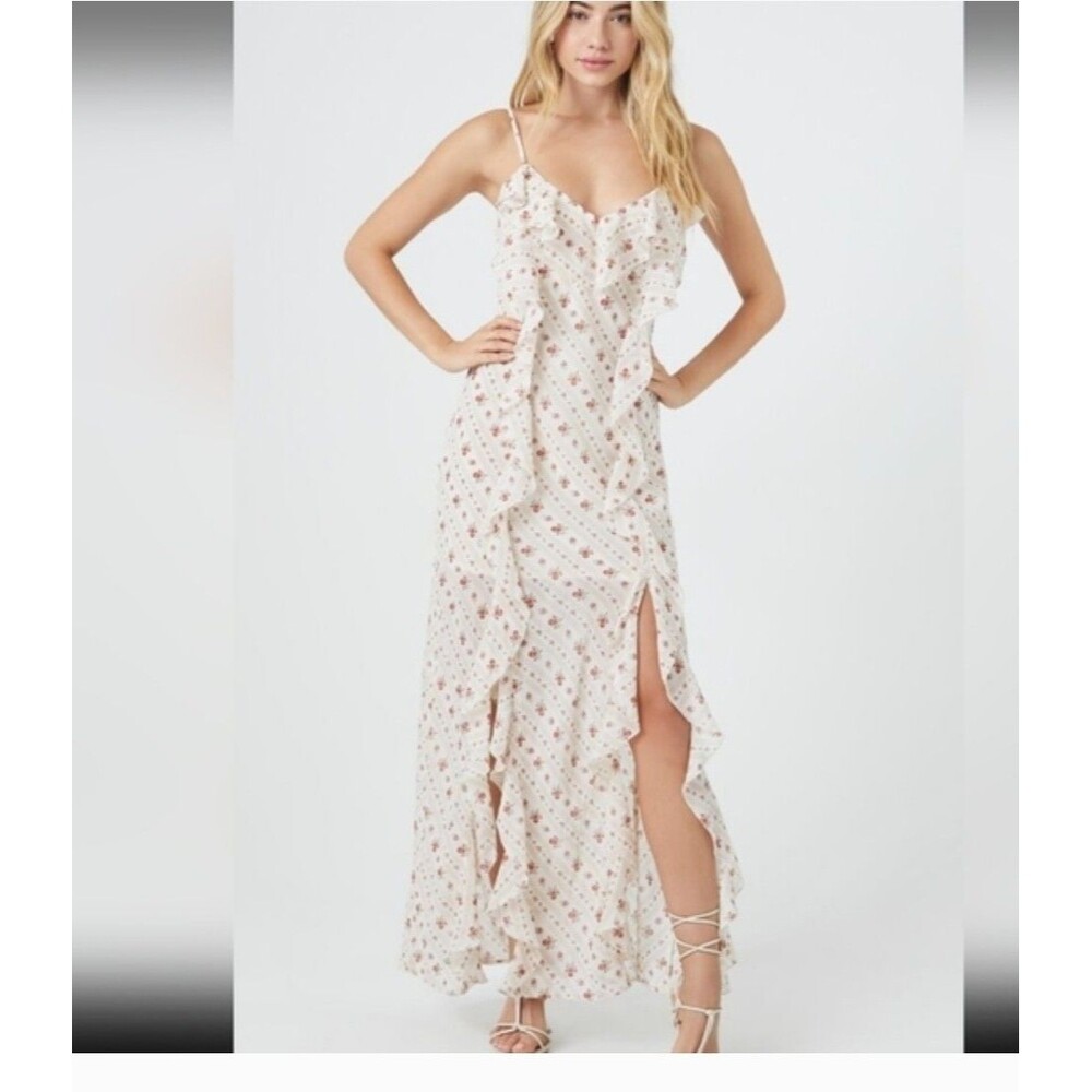 Floral print chiffon maxi dress ruffle trim  Sz Large Slit Bohemian forever 21